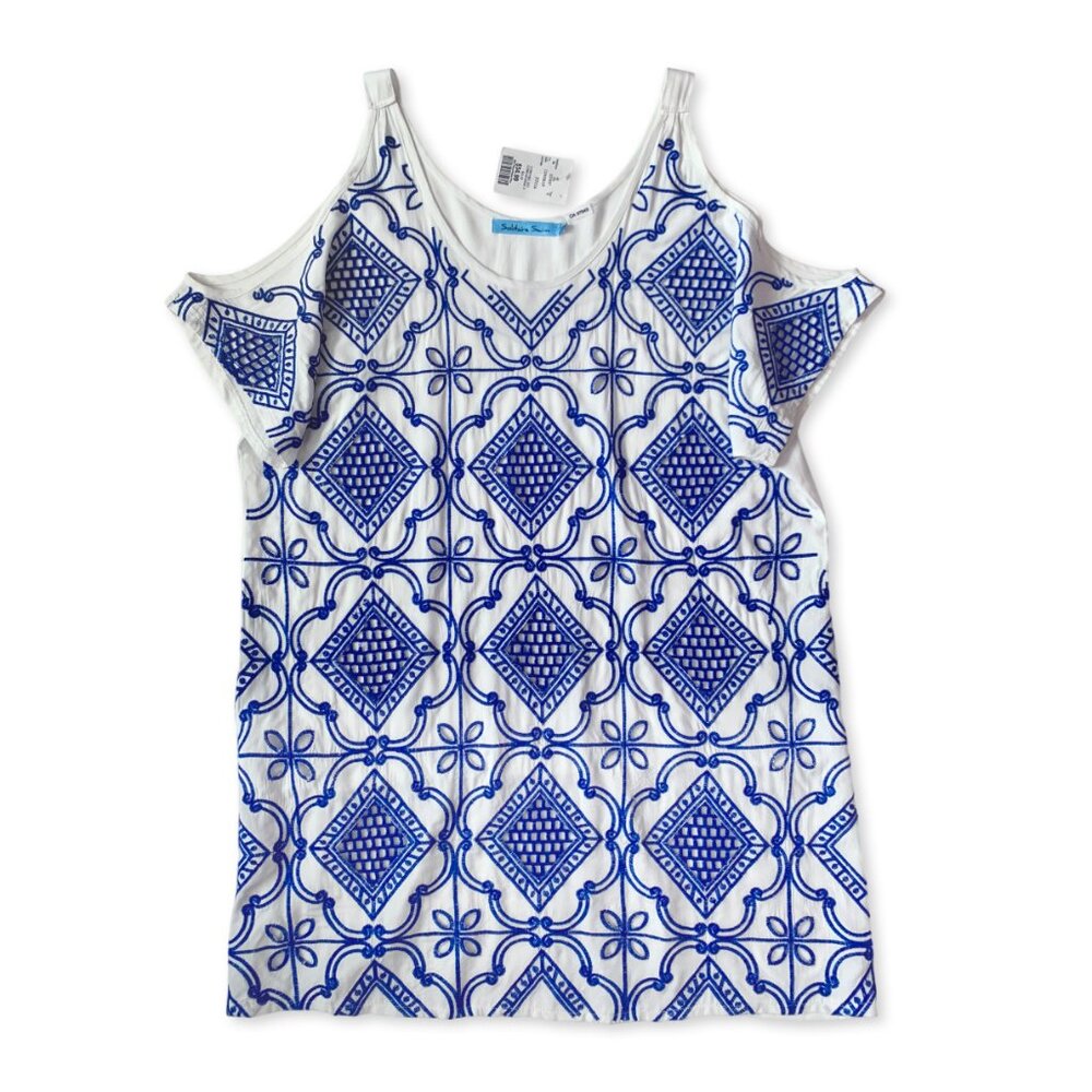 Solitaire Swim Embroidered Cold Shoulder Cover Up Dress Beach Summer Vacation